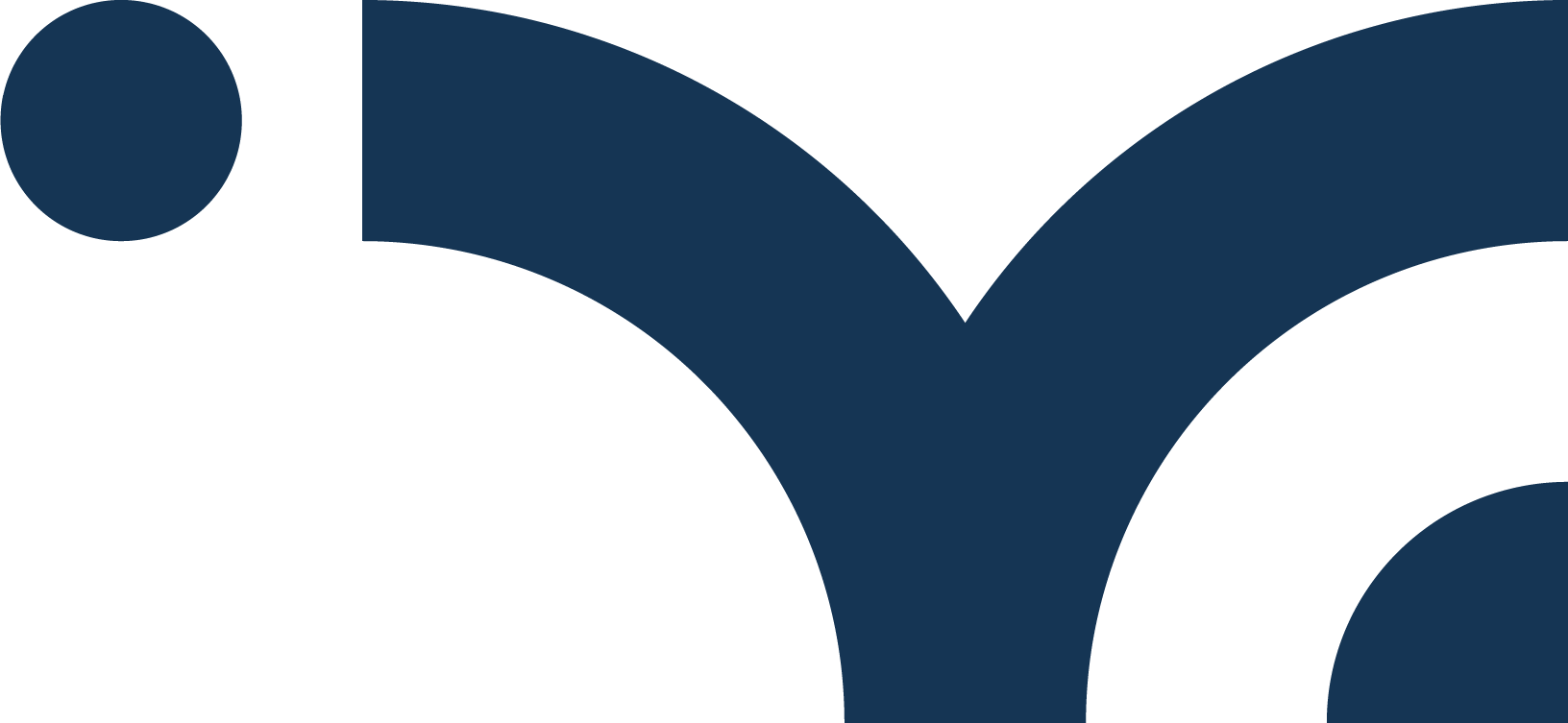 A logo with a large dark blue circle on top left, and three curved, dark blue shapes underneath, resembling a stylized tree or umbrella.