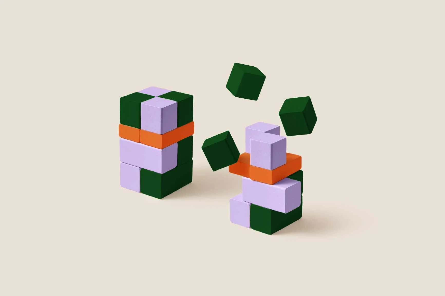 Colorful children's stacking blocks in various colors, some falling apart.