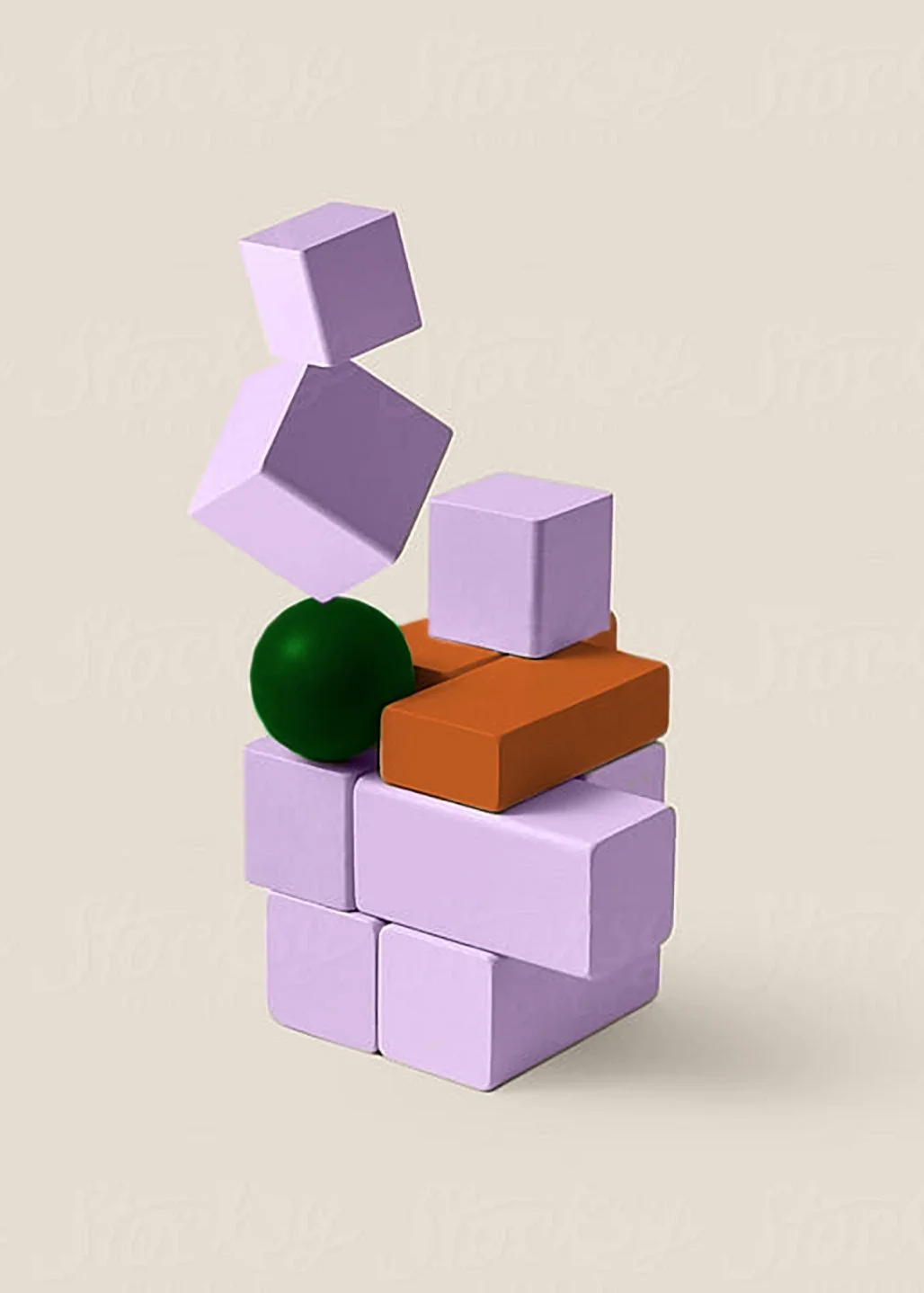 Stacked colorful geometric blocks, including purple cubes, an orange rectangle, and a green sphere, arranged in an artistic manner against a plain background.