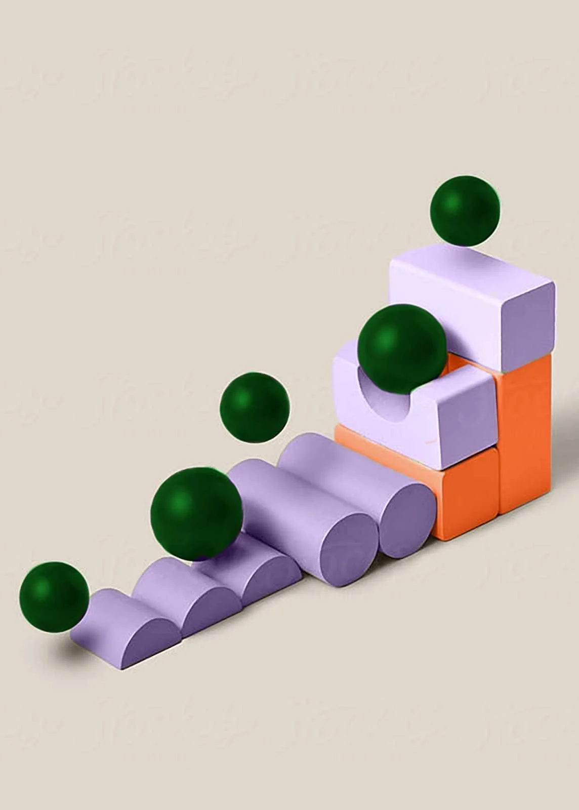 Colorful abstract geometric sculpture with green spheres, lavender, orange, and purple blocks and cylinders on a beige background.
