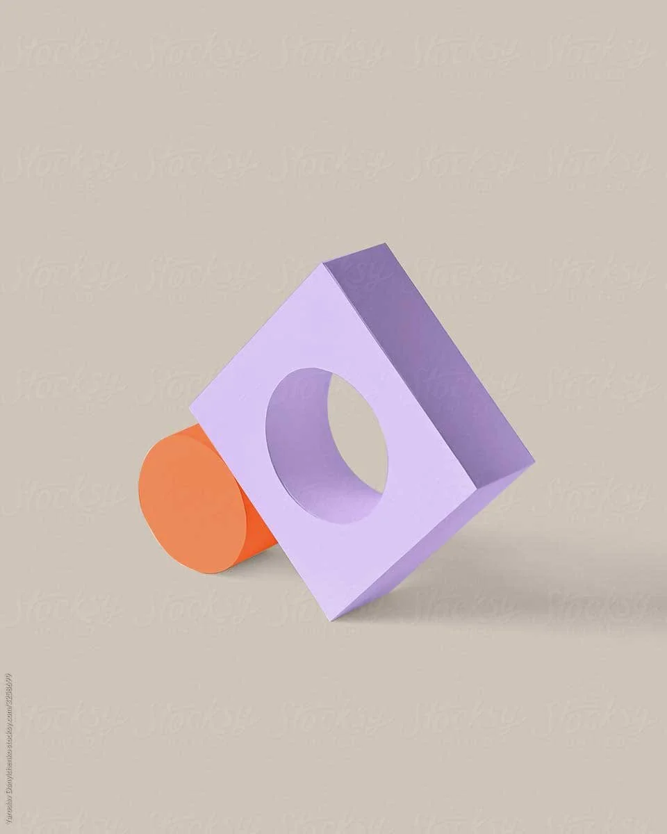 Colorful abstract object with a purple square shape and a circular hole in the center, attached to an orange cylindrical base.