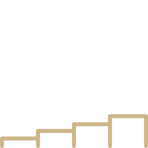 Two simple figures on stairs, one helping the other up while holding a flag.