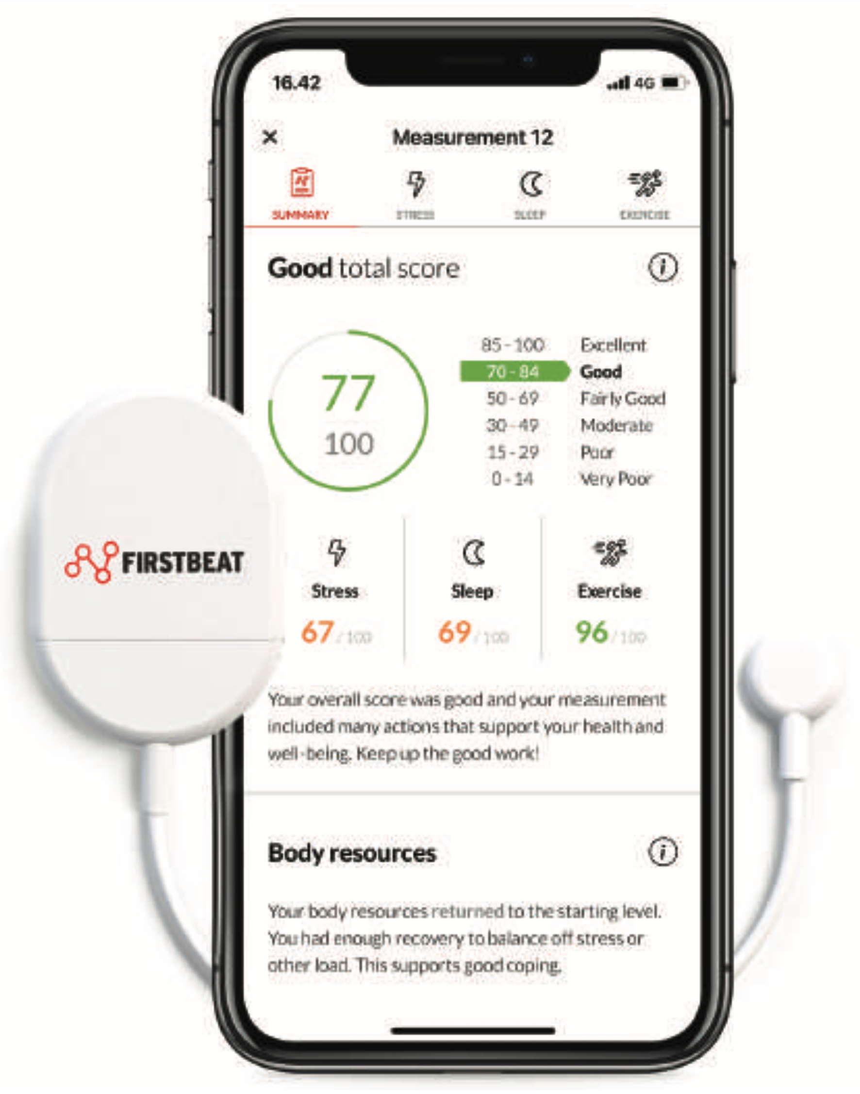 Smartphone displaying Firstbeat app results with scores for stress, sleep, and exercise.