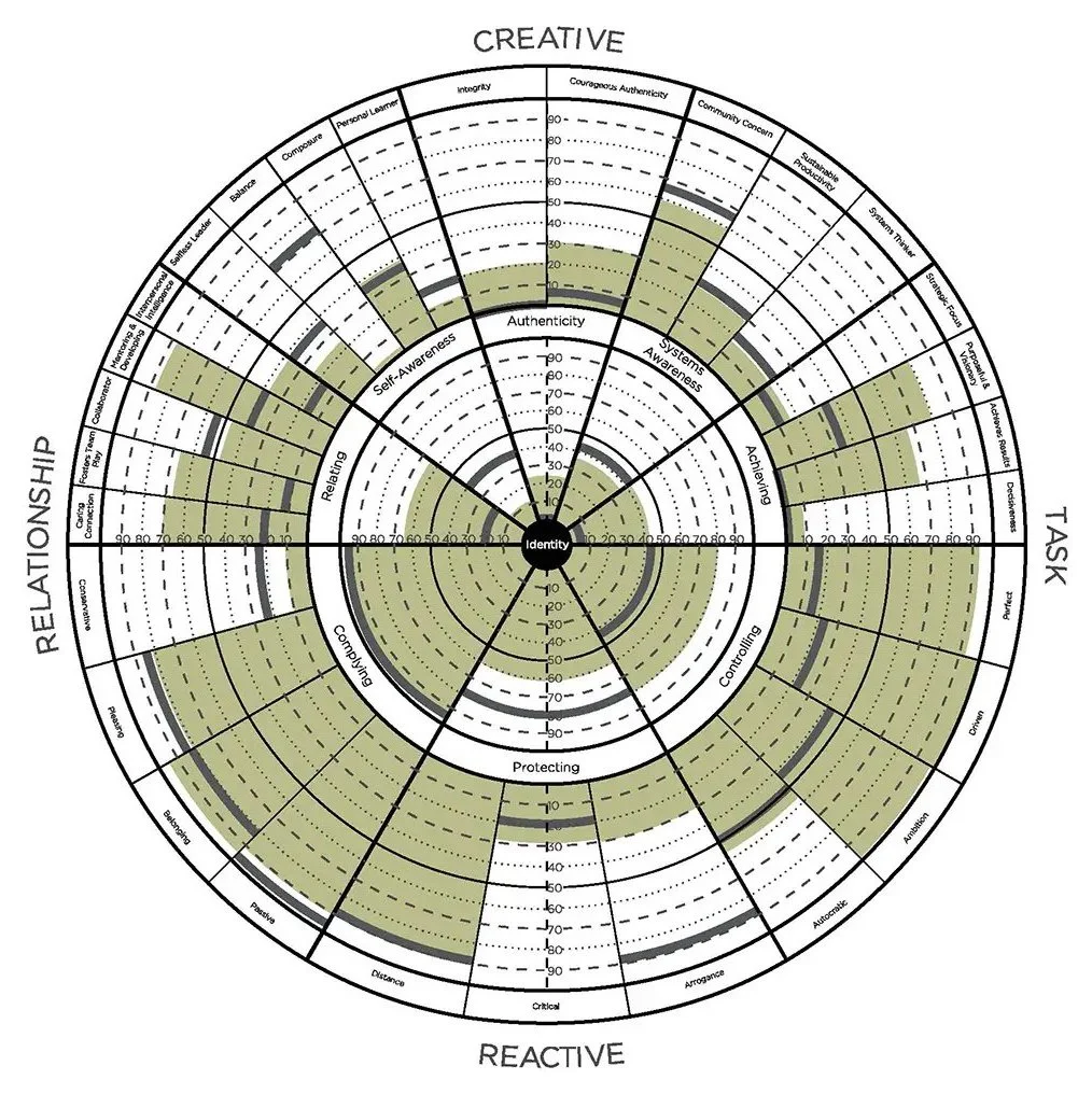 Circular diagram displaying categories: Creative, Relationship, Task, and Reactive, with metrics.