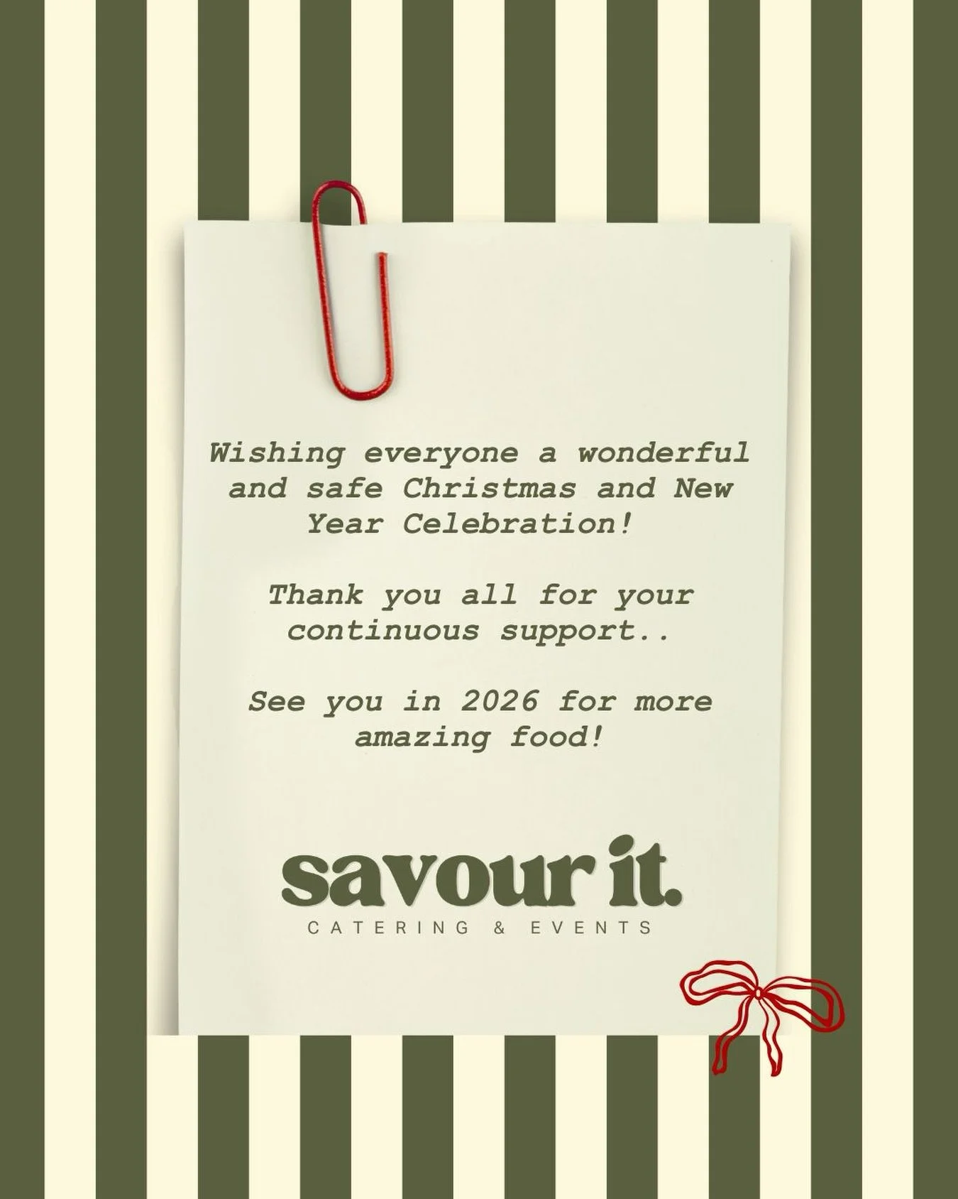 From our Savour It Catering family to yours : &ldquo;Thank you everyone for all your support and trusting us to cater your special events! Wishing all of you a wonderful and safe Christmas and New Year Celebration 🥳🎄&rdquo;

P.S : We will be back o