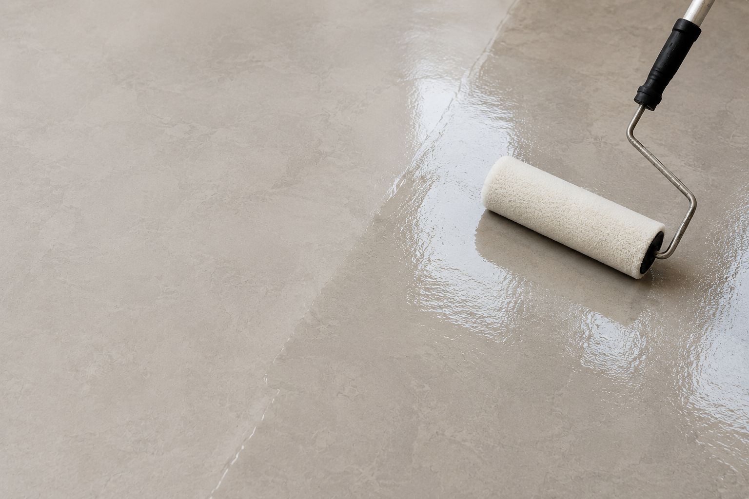 microcement with sealer being rolled on