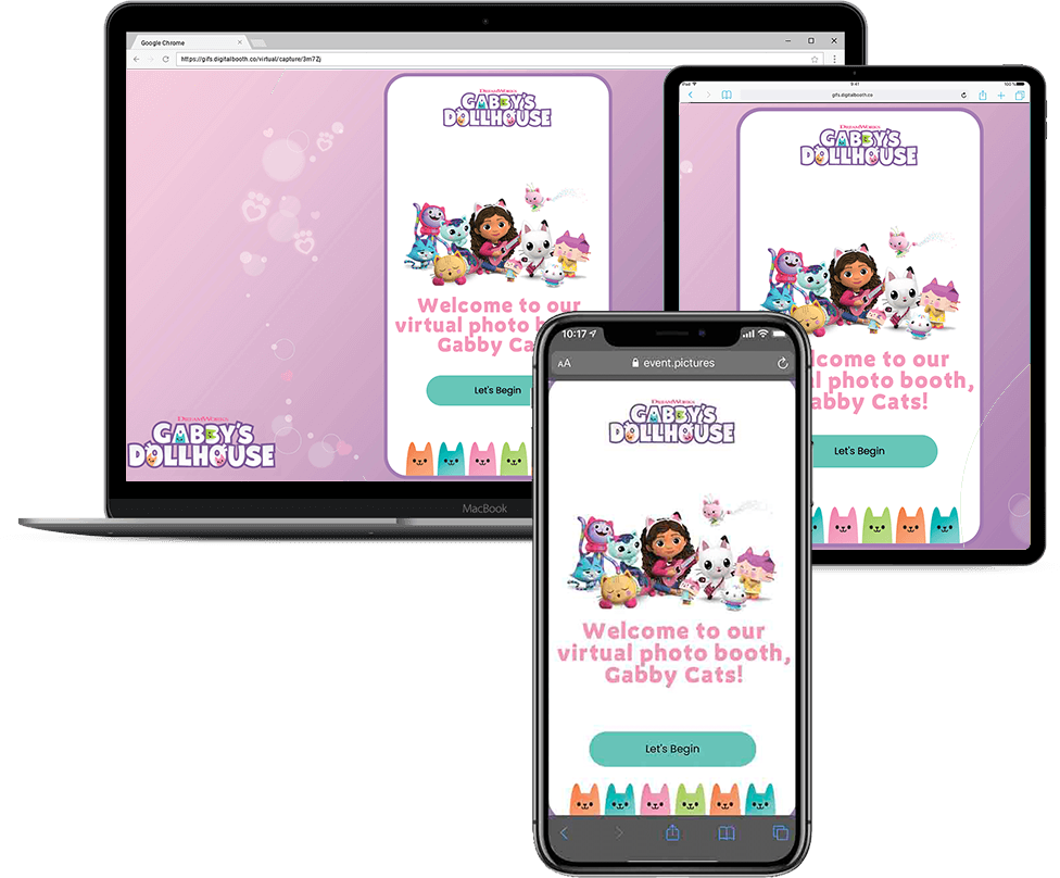 Browser-based virtual photo booth demo on laptop, tablet, and smartphone.