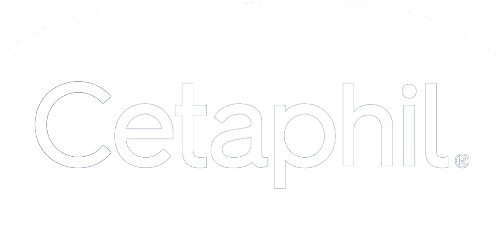 Close-up of Cetaphil logo with the brand name in white font against a dark background.