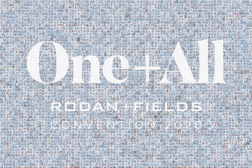 A mosaic of small individual photos creating a larger image with the text "One + All Rodan + Fields Convention 2020" prominently displayed.