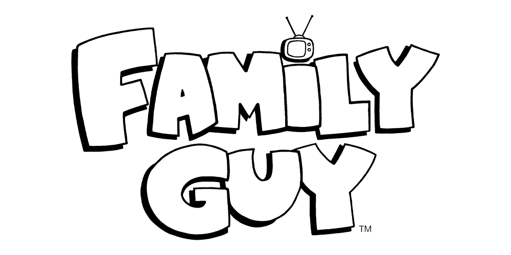Black and white cartoon logo with the words "Family Guy" in large, bold, irregular letters, featuring a small television antenna on top of the letter "I" in "Family".