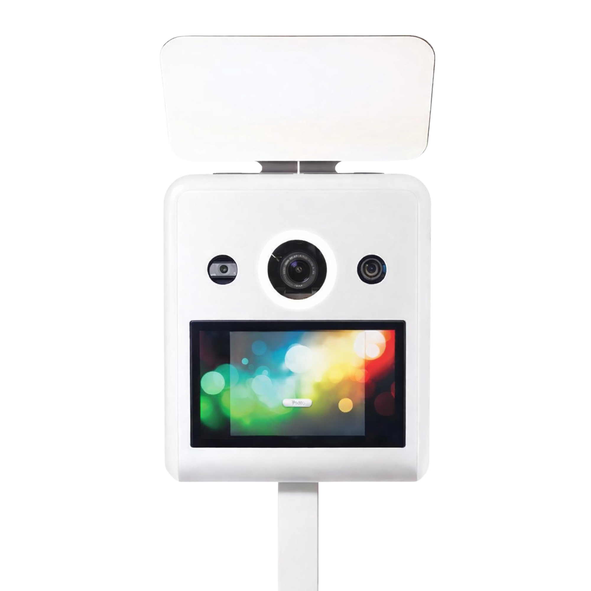 Modern white autonomous delivery robot with a display screen and multiple cameras, standing outdoors.