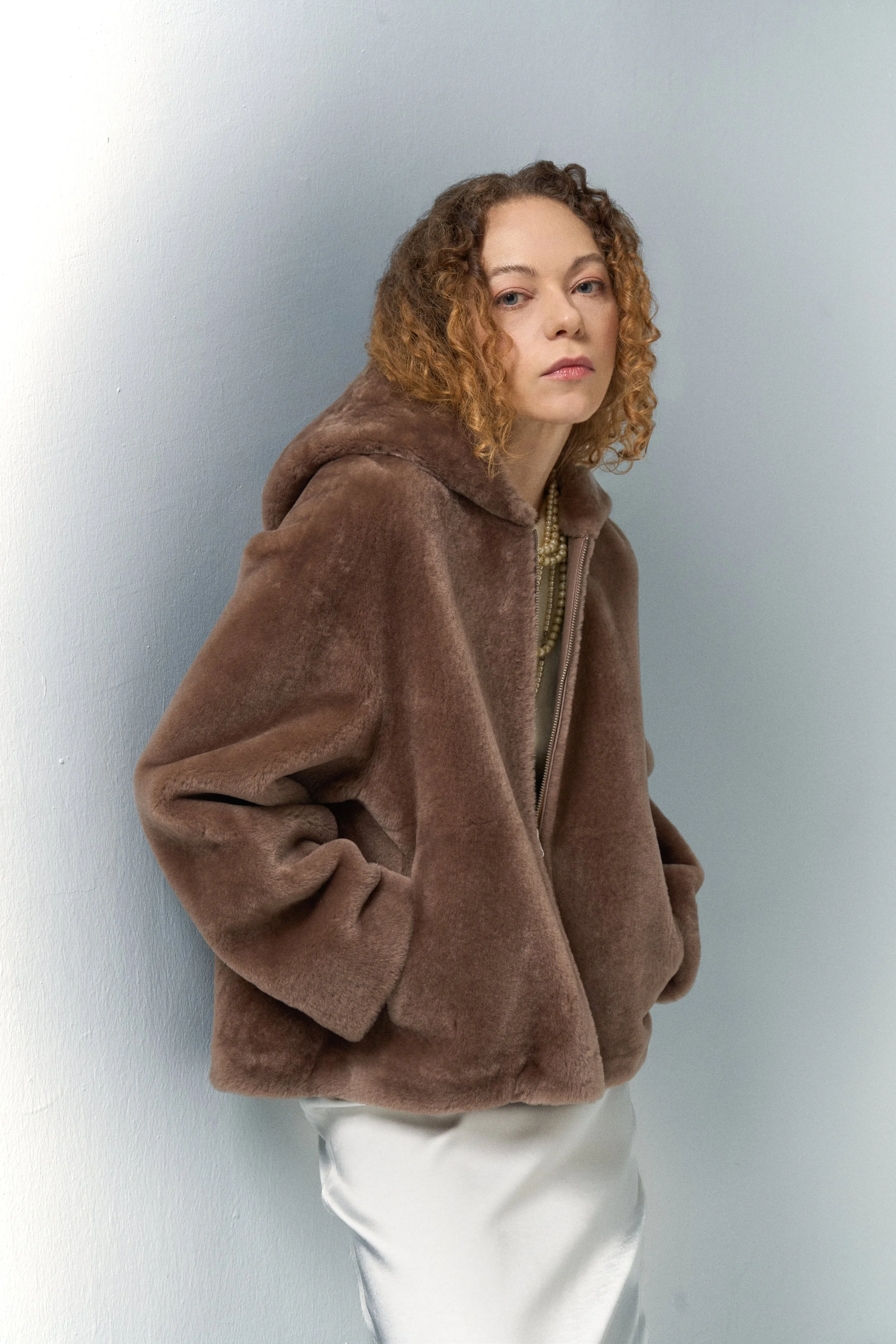 Mocha leather jacket, shealing, fur