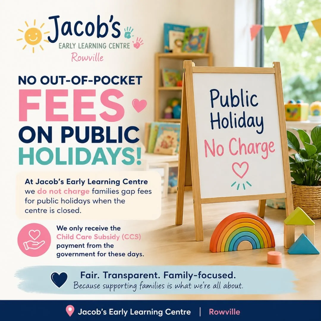 🌟 At Jacob&rsquo;s Early Learning Centre, we believe families shouldn&rsquo;t be out of pocket for public holidays when the centre is closed.

That&rsquo;s why we do not charge gap fees on public holidays, we only receive the CCS payment from the go