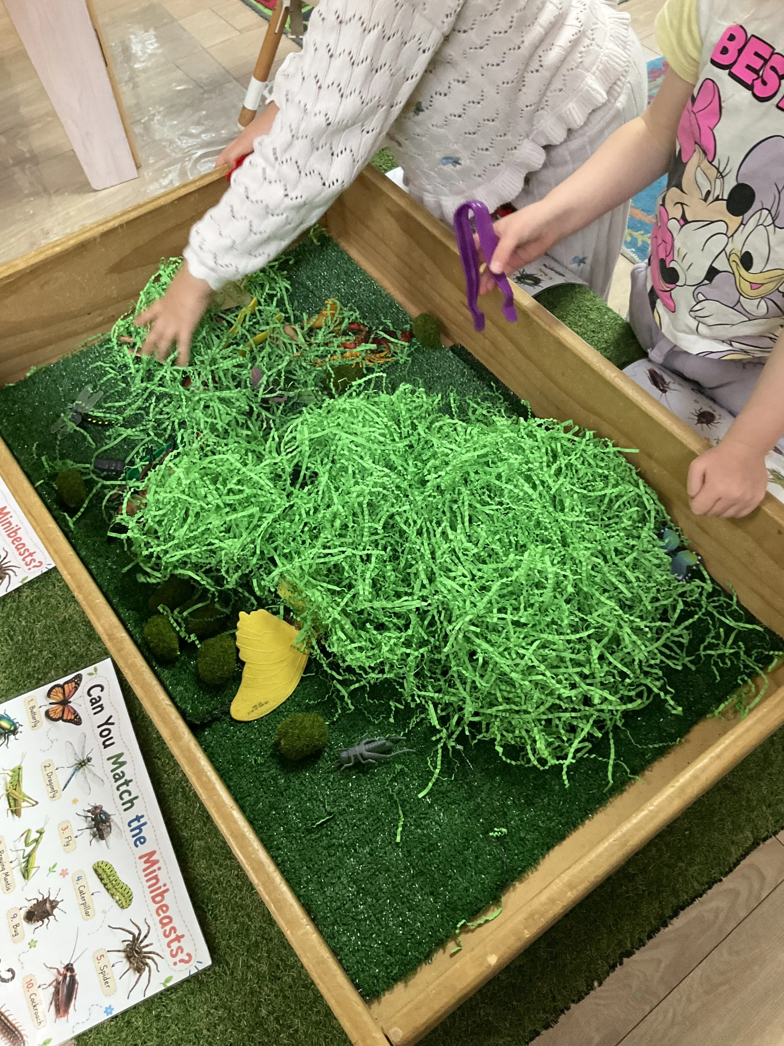 Children playing a mini bug catching activity with green shredded material and toy insects in a wooden box with informational posters nearby.