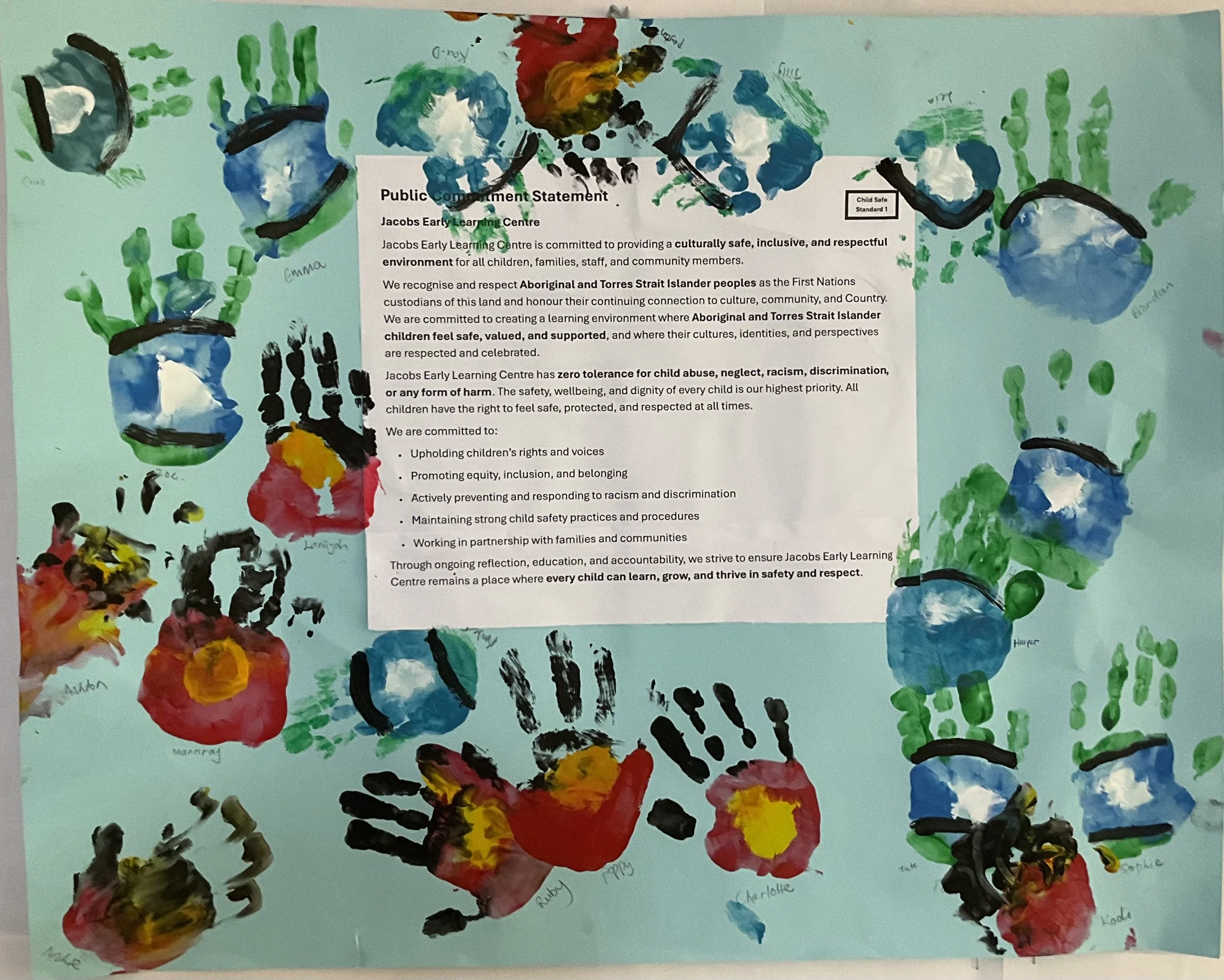 Child's handprint art on light blue paper with a document in the center titled 'Public Comment Statement' from Jacobs Early Learning Centre, surrounded by colorful handprints painted in red, yellow, green, blue, and black, with some paper handprint initials.