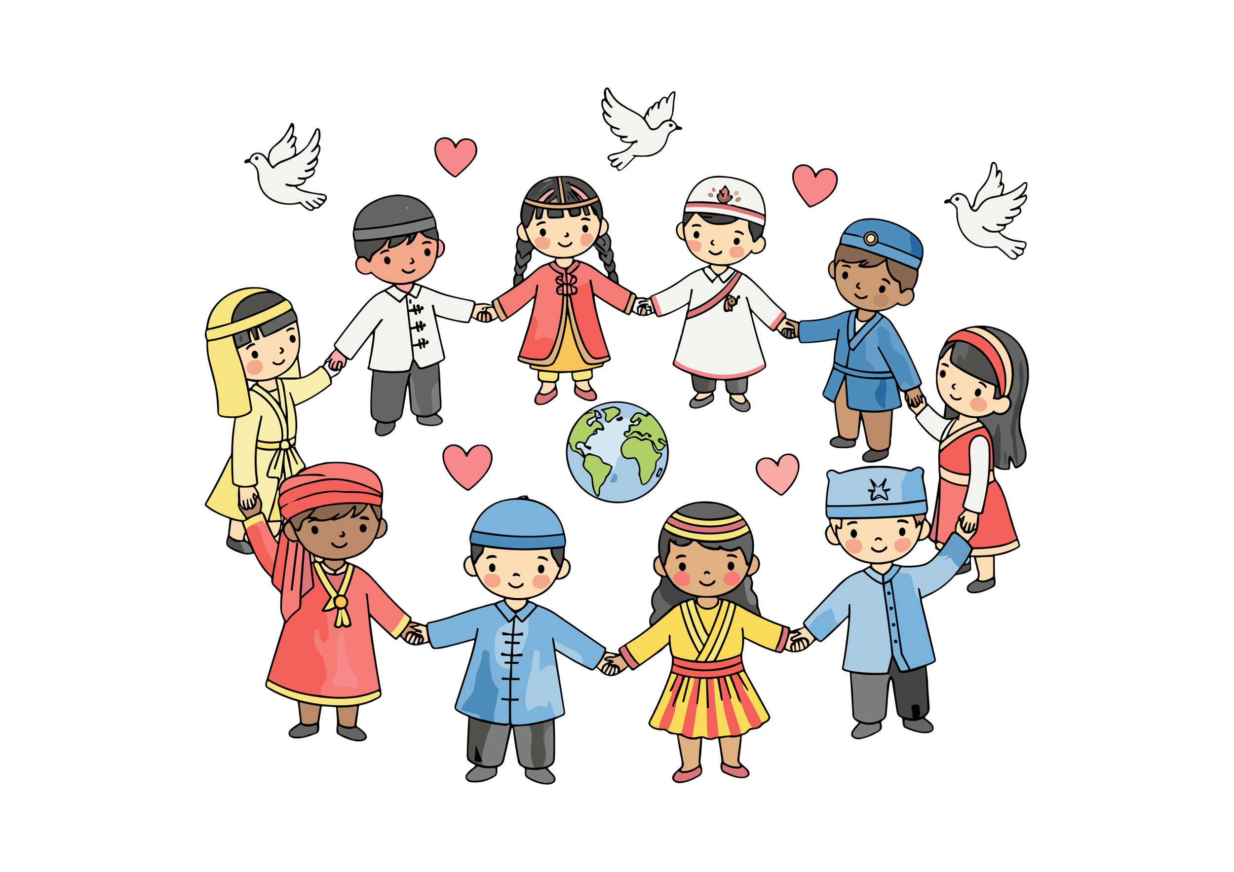 Illustration of children from diverse cultures holding hands in a circle around the Earth, with white doves and pink hearts surrounding them, symbolizing unity and peace.