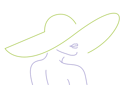 Line drawing of a woman wearing a large hat, with only her lips and shoulders visible, on a black background.
