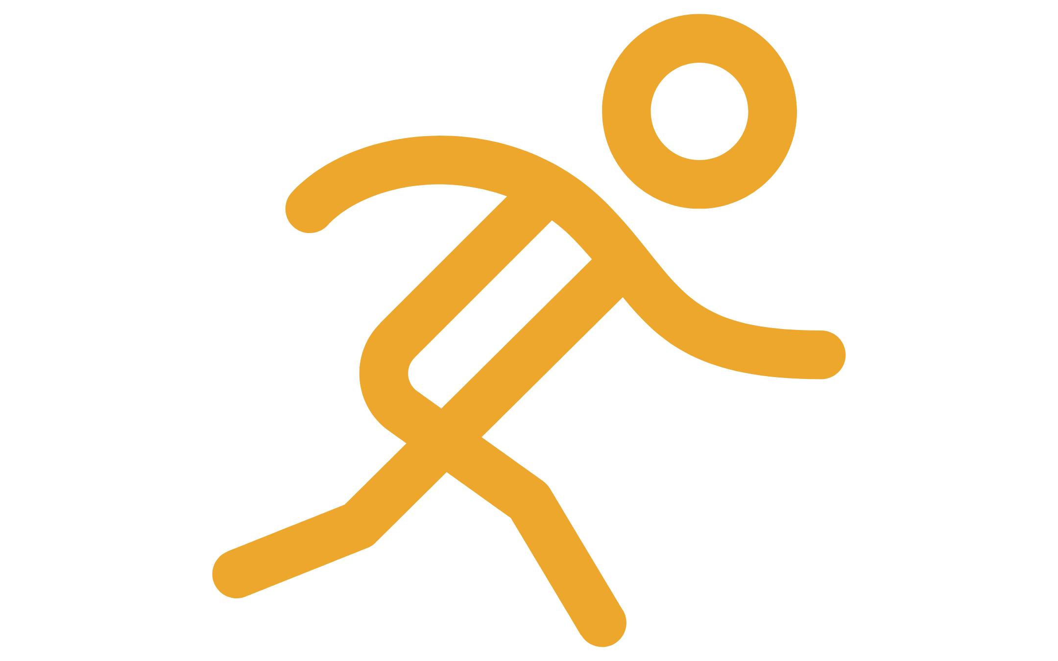 A minimalist icon of a person running, depicted with simple lines and circles in a gold color on a black background.