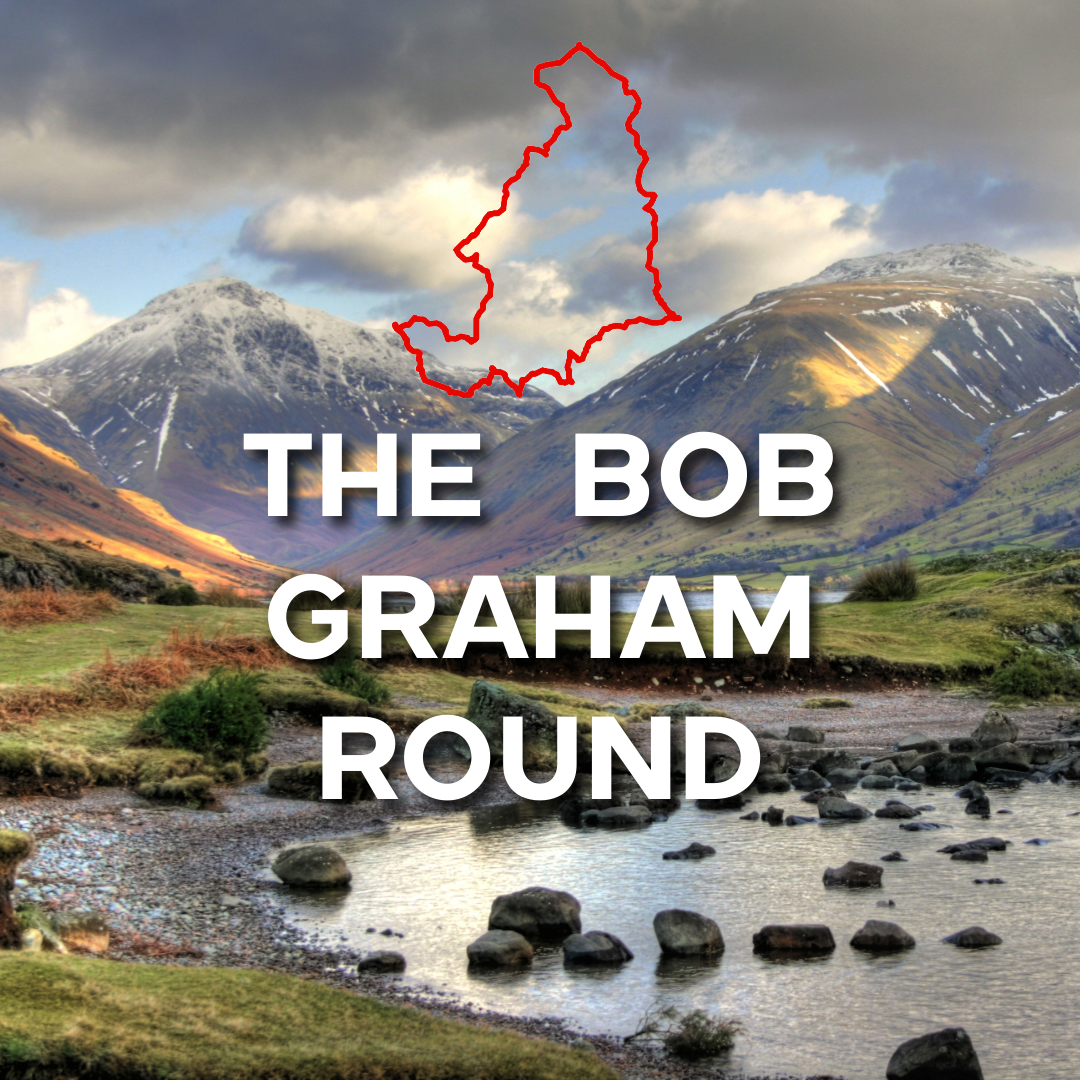 Landscape of a river flowing through a valley with snow-capped mountains in the background, overlaid with a red outline of the map of New Zealand and text reading 'The Bob Graham Round'.