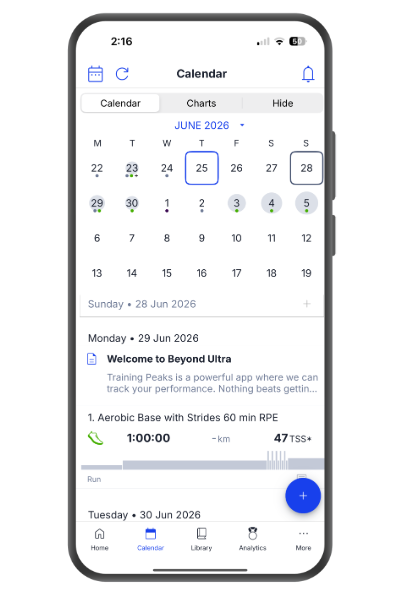 Screenshot of a smartphone calendar app displaying June 2026, with a scheduled workout titled 'Welcome to Beyond Ultra' on June 29th, and a training plan for aerobic base with Strides 60 minutes.