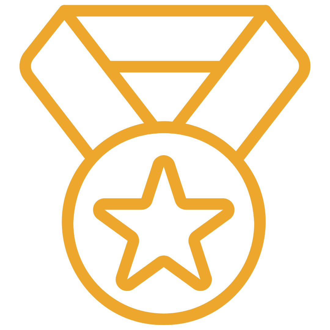 Outline of a medal with a star in the center and a ribbon at the top, in gold color.