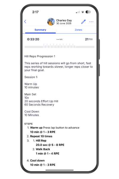 Screenshot of a smartphone displaying a hill reps workout plan, including warm-up, main set, cool down, and step instructions for exercises.
