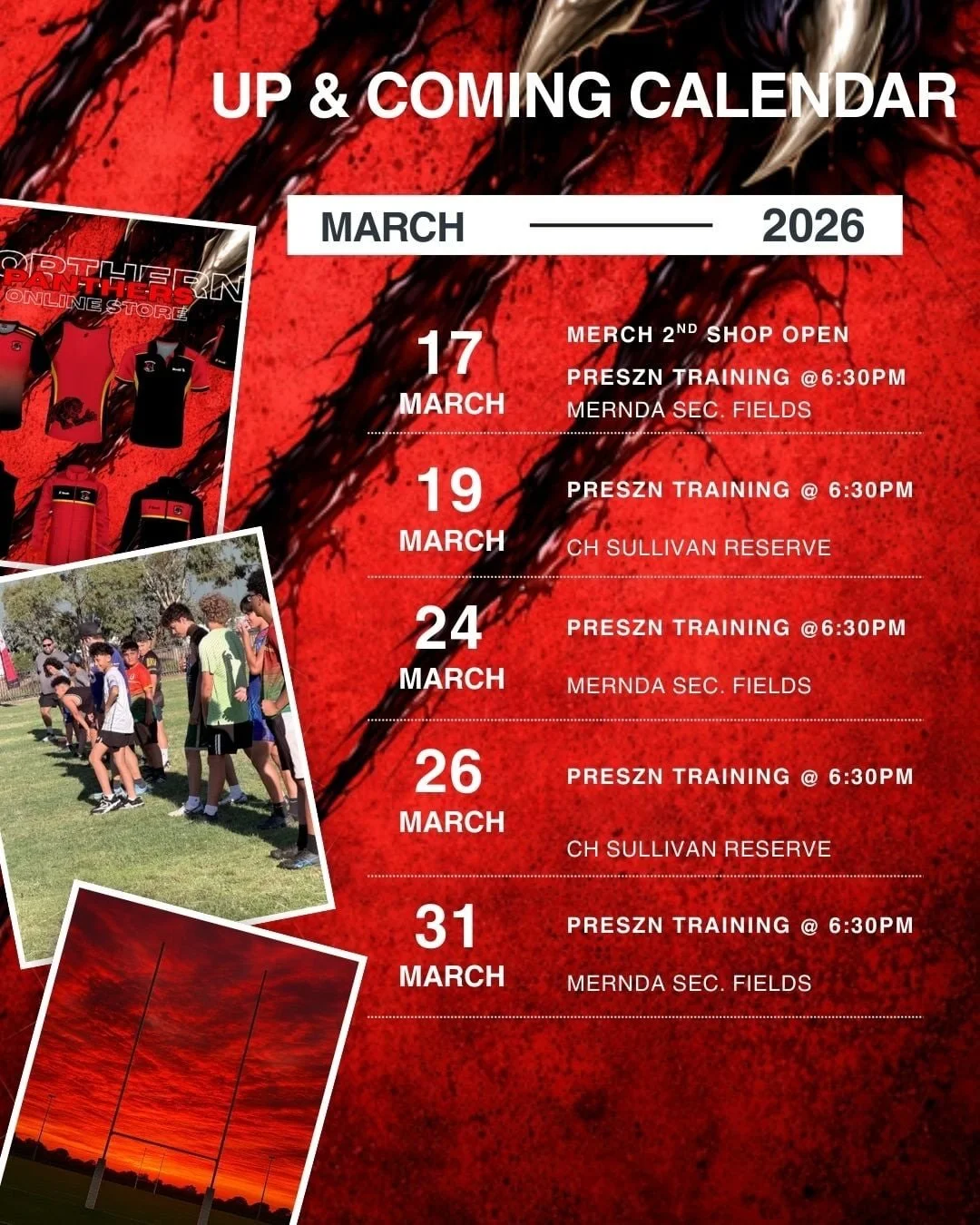 Updated calendar is out now!

Lock it in - SZN is nearly here 🔴🟡⚫️

🚨 KEY DATES ⤵️

🔴 17/3 - Shop #2 Online Store opens up again tmr! 
Shop closes April 13th | Est delivery 18th May

🟡 2/4 - Get Active Kids (GAK) Vouchers ends April 2 (link in b