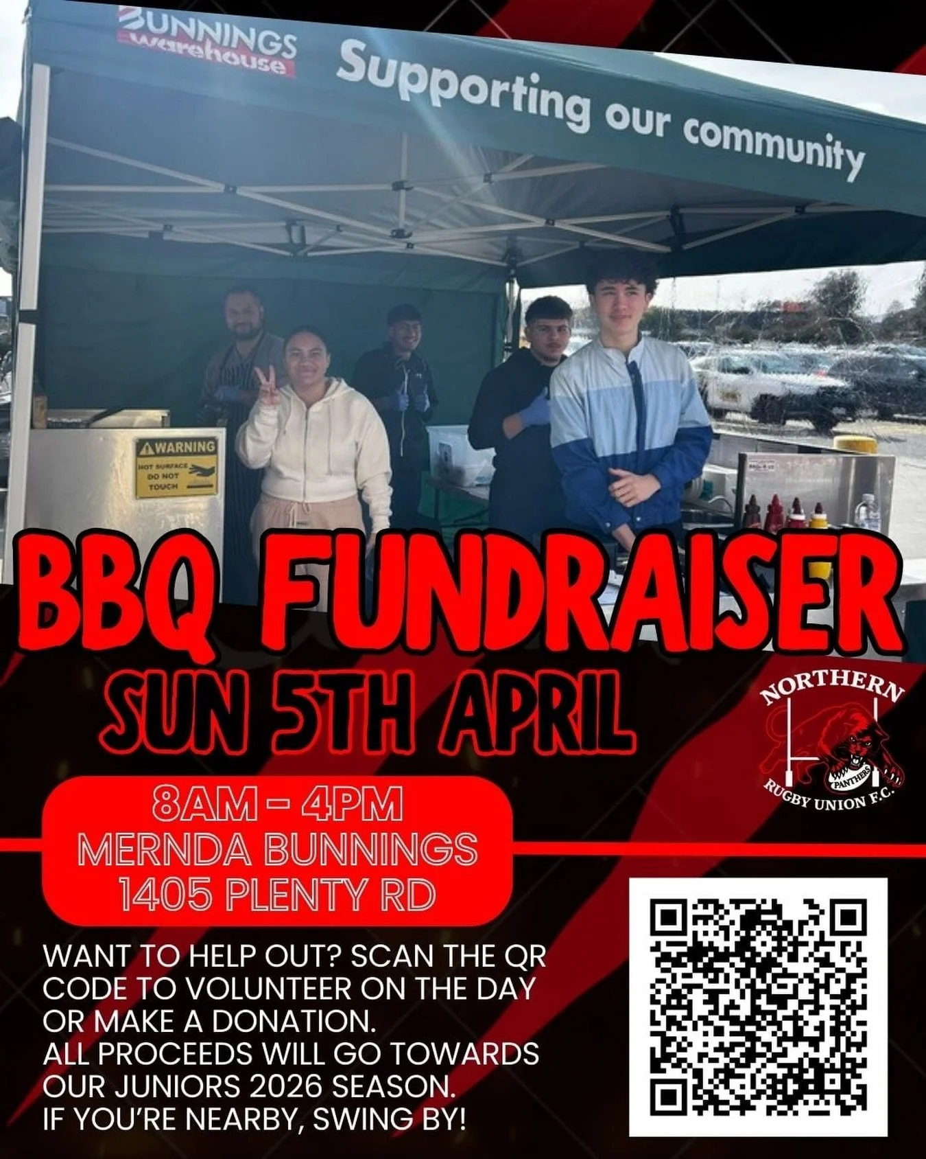 Panthers fam, we&rsquo;re back on the tongs Sunday 5th April at Mernda Bunnings 🌭

Come down, say hi, and grab a snag while supporting the club.
Keen to volunteer or donate items ahead of time? Scan the QR code on the flyer for more info.

#panthers