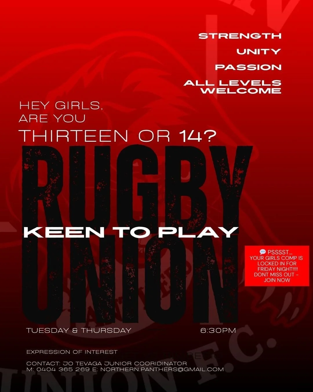 WE ARE STILL ON THE HUNT!!!!

🚨 W A N T E D 🚨

&bull; Under 14 Girls Players
&bull; Under 16 Girls Players 
&bull; Under 18 Girls Players 
&bull; Under 16 Boys Players
&bull; Under 16 Coach

TRAINING DETAILS

📍Tuesdays - Mernda Seconday Fields (Po