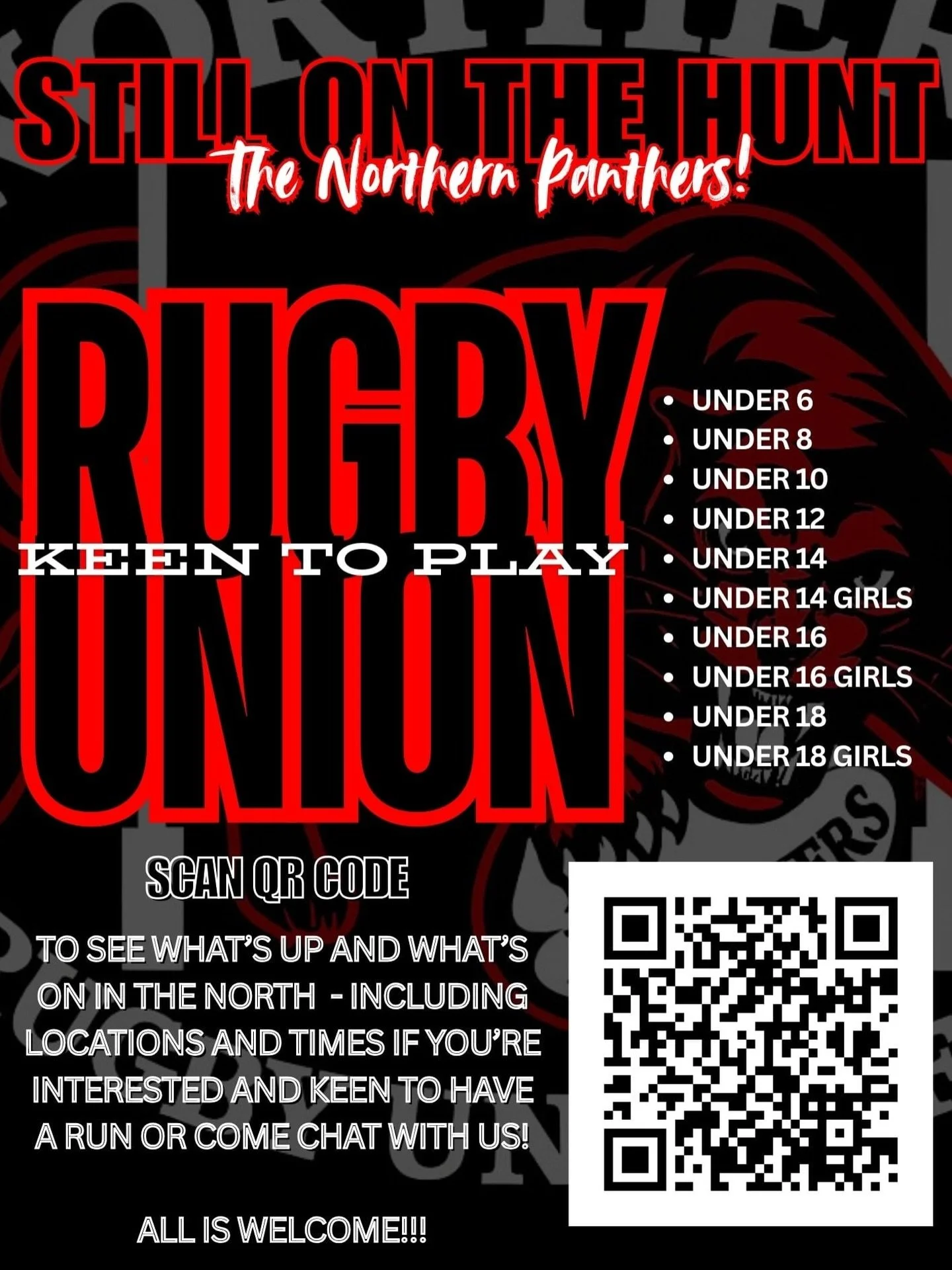 Keen to play rugby union? Say less.
Pick your team, bring your gear, show up 💪🏾
Two nights. Two fields. One Club.
Panthers train 6:30pm.

Scan QR code for more info

SPREAD THE WORD!!!

#lesssbuild 
#jointhepanthers 
#wearethenorth