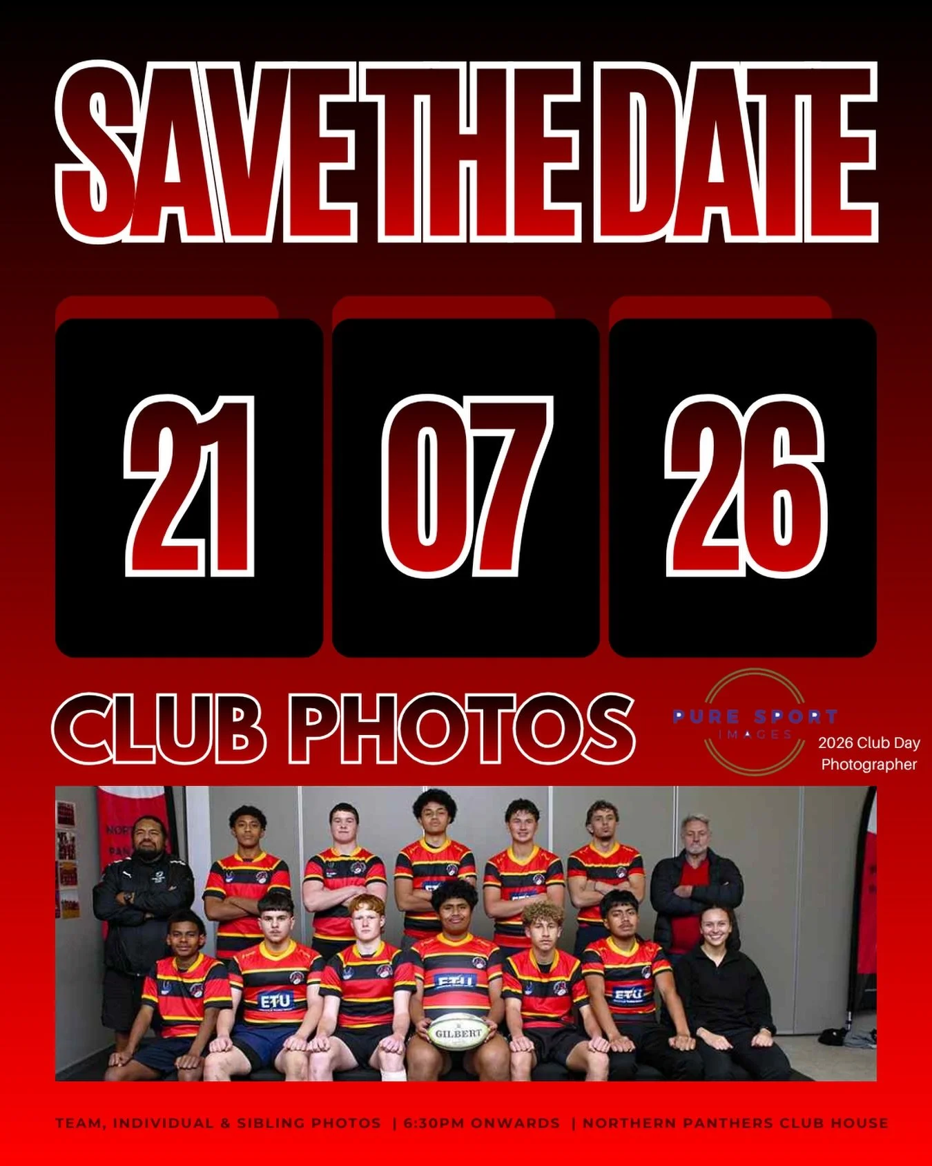 LOCK IT IN, PANTHERS 📸

Our 2026 Club Photos are locked in. Prep your best smiles, dust off your kit, and bring the fresh energy.

📅 Tuesday, 21st July
⏰ 6:30PM
📍 NPRUFC Clubhouse

Full schedule and details coming your way shortly!

🔴🟡⚫️