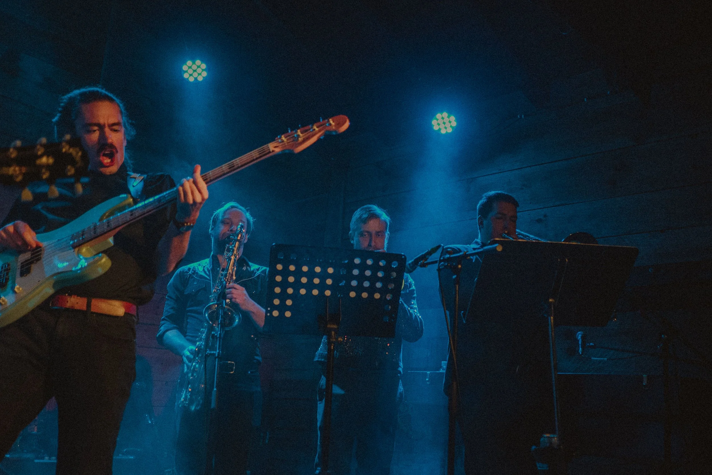 The horn section of Cam Clark's Orchestra playing live, featuring Shannon Vetter, Darnaby Kerns and Cody Williams.