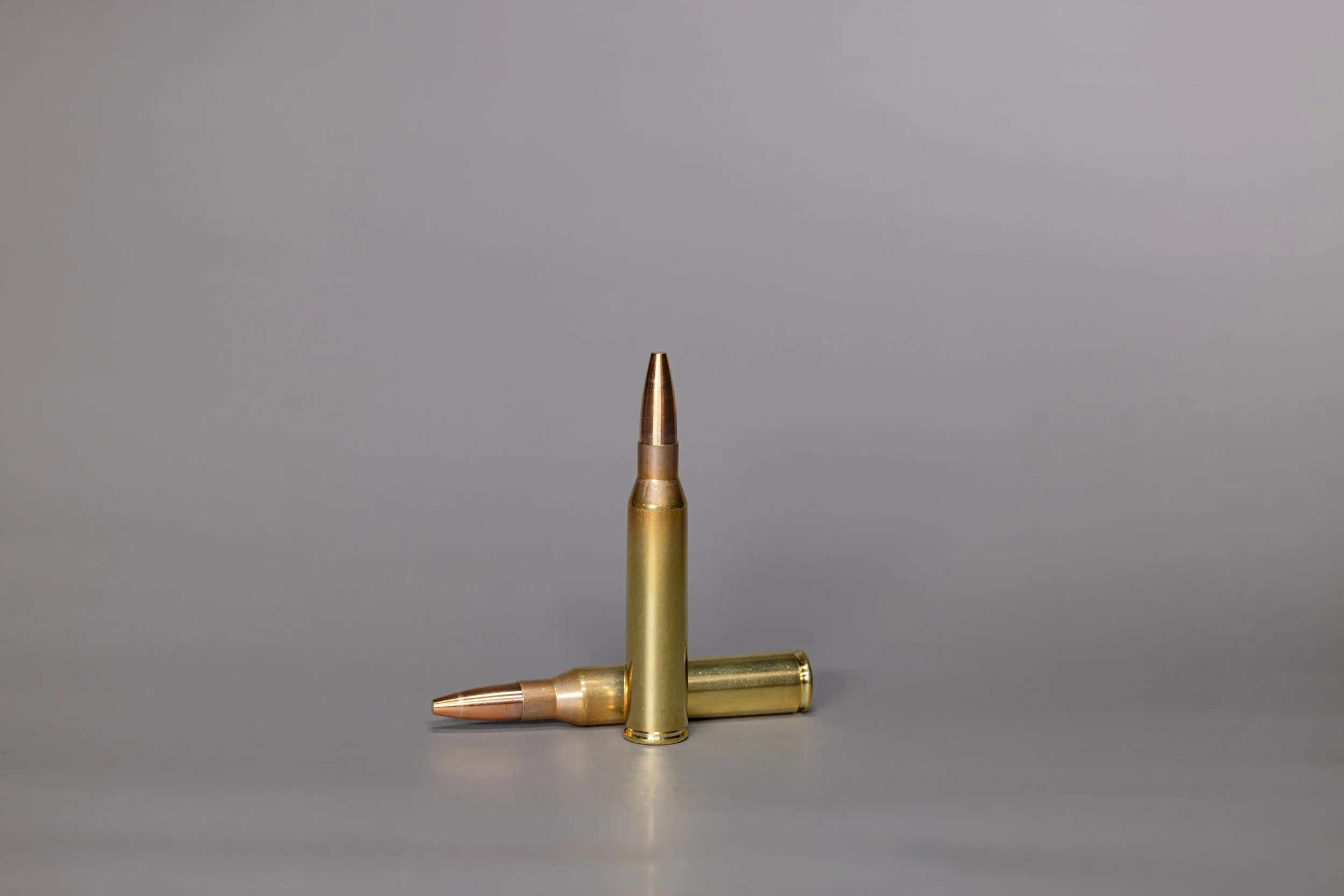 Two .338 Lapua Mag. SWISS P Tactical rounds, one standing upright and the other lying horizontally, displayed on a neutral background.