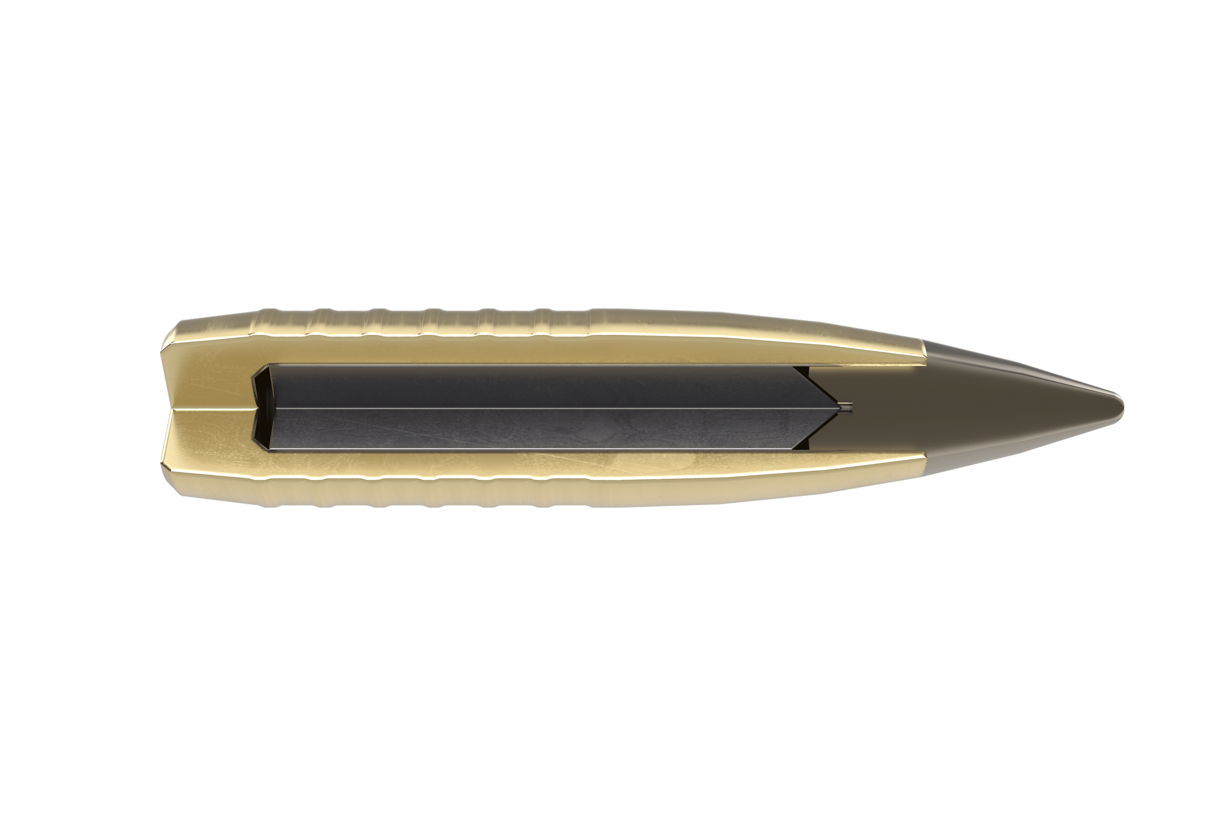 .338 Lapua Mag. SWISS P API bullet half-section, showcasing internal structure and construction