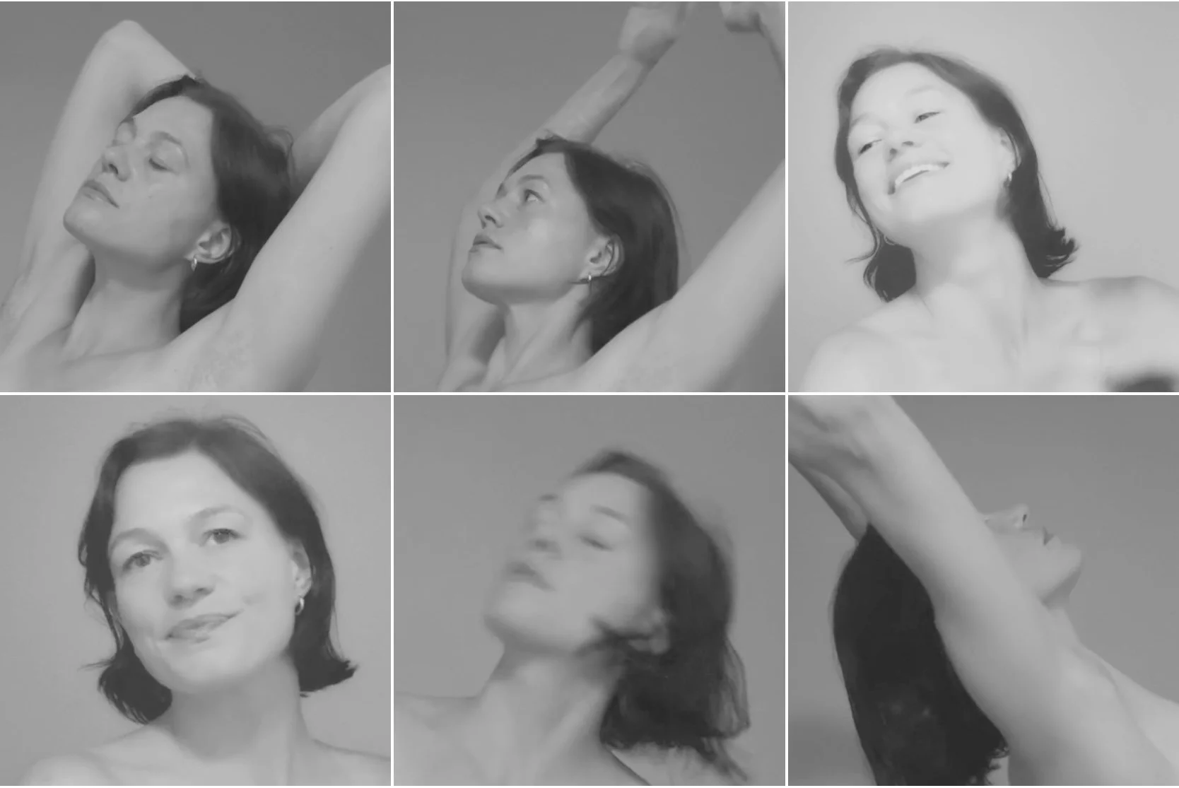 Collage of six black and white photos of kat slade in various poses, showcasing different facial expressions and arm positions, with short dark hair, on a plain background.