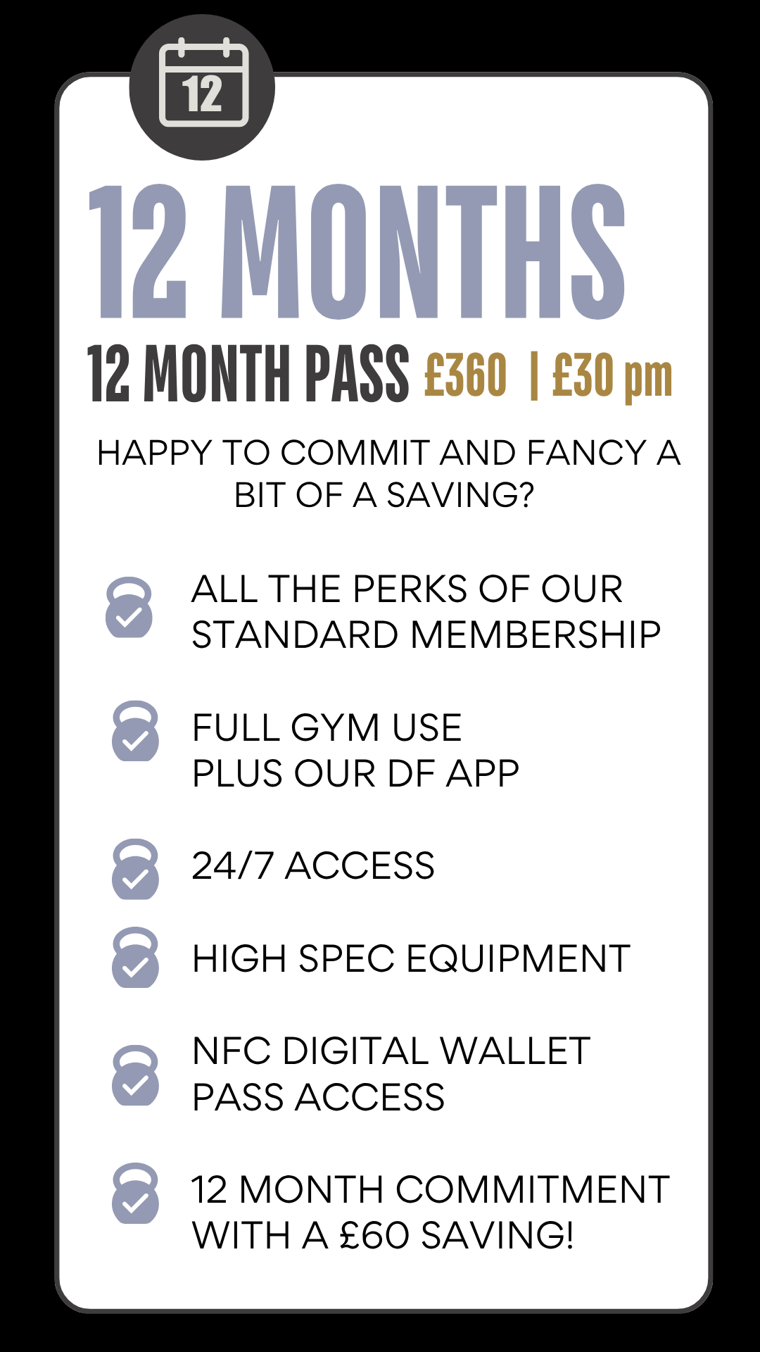 A promotional poster for a 12-month gym membership, showcasing benefits like full gym access, high-spec equipment, QR code entry, and a six-month commitment with savings.