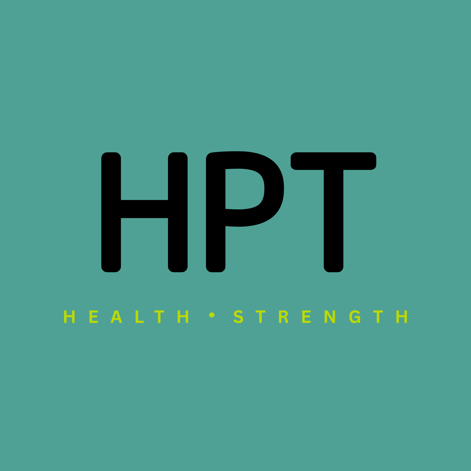 HPT logo with a teal background, black text, and yellow tagline 'HEALTH. STRENGTH.' Personal Trainer Heather specialises in olympic weightlifting and post natal PT.