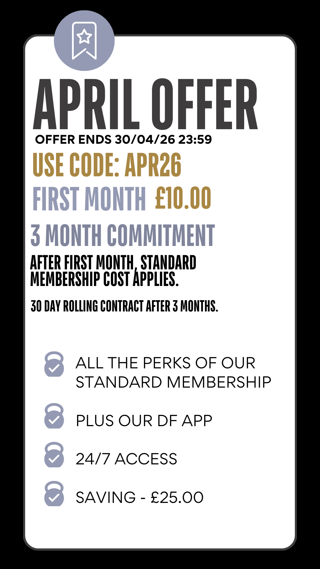 Promotional poster for April offer with details about discounts, codes, and membership benefits.