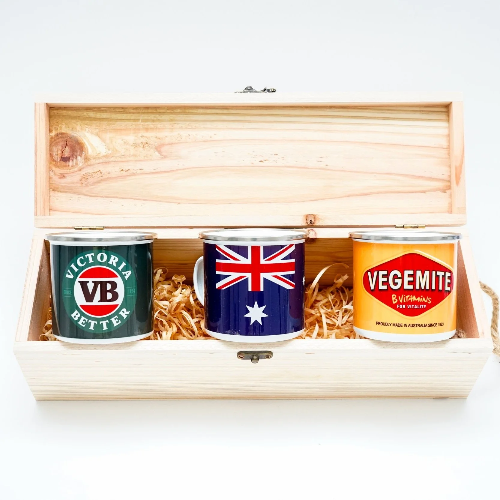 Australian Gift Set – Personalised Wooden Box & Mugs with National Symbols