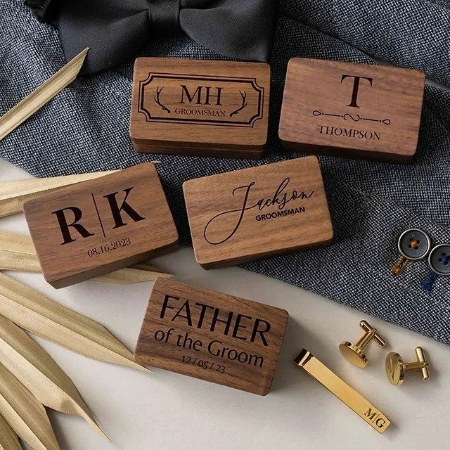 Engraved Groomsmen Gifts, Cufflinks Set (Cufflinks, Tie Clip & Wooden Walnut Box)
