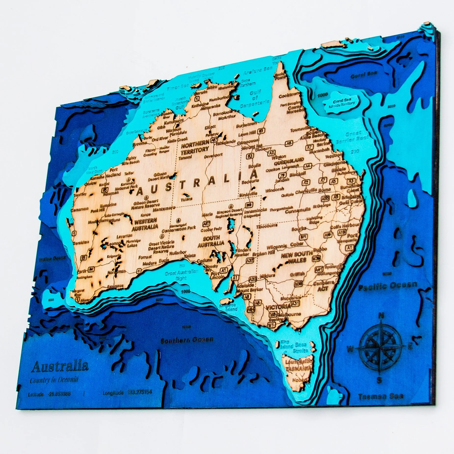 Wooden Australia Layered Map with Cities and States | Detailed Coastlines & Bathymetry