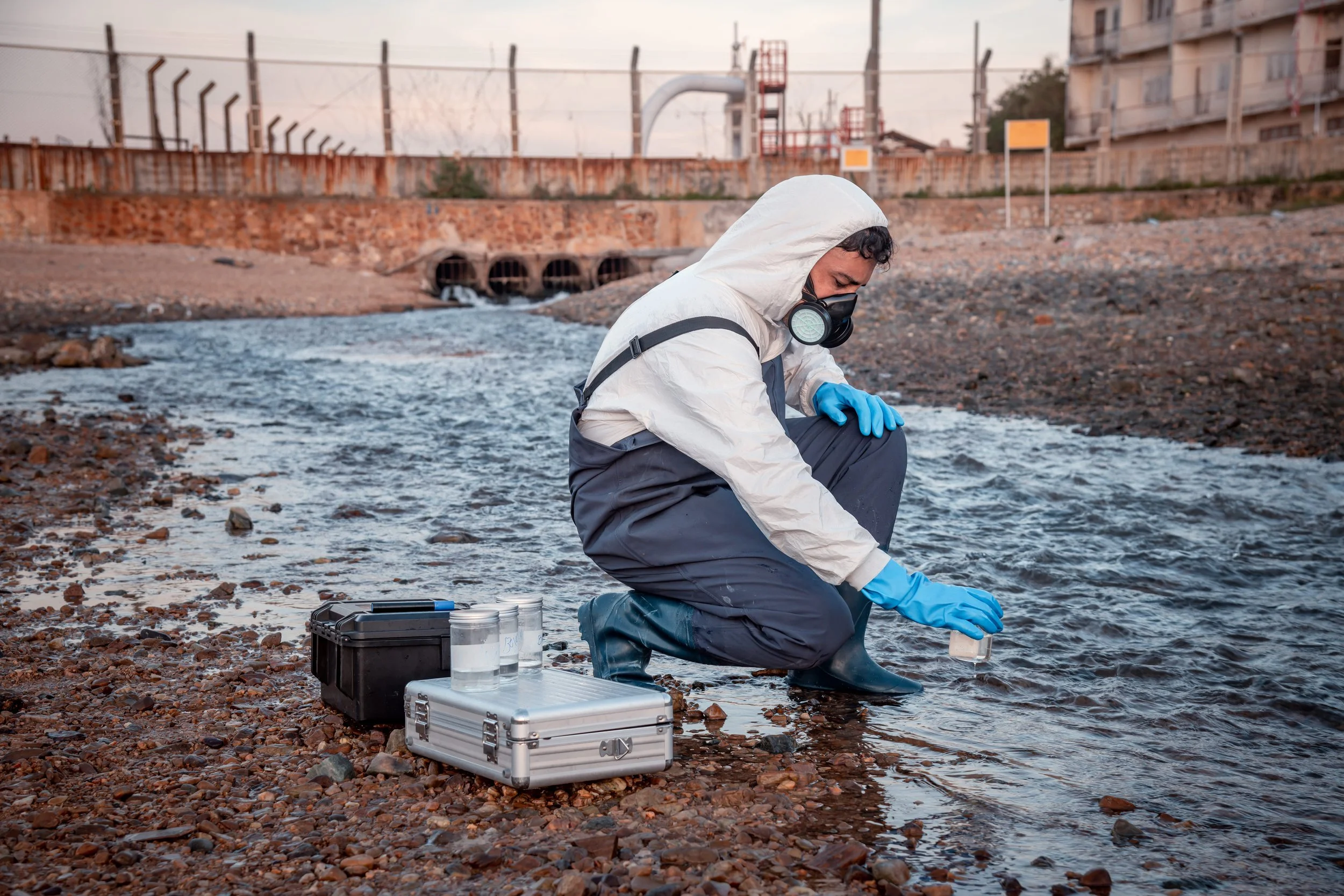 A scientist wearing protective equipment samples water near outlet pipes.