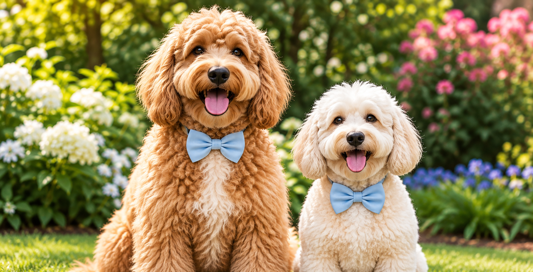 Two freshly groomed dogs wearing blue bow ties