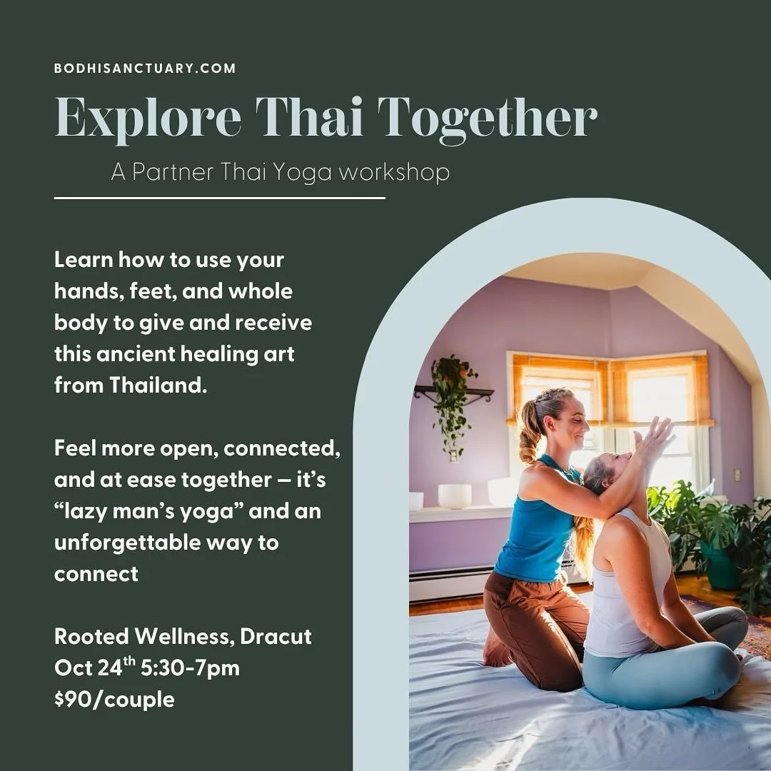 ✨ Explore Thai Together ✨

Bring a partner and experience the art of SomaVeda&reg;️Thai Yoga Massage &mdash; a playful, heart-opening way to connect through mindful touch and movement.

Learn how to use your hands, feet, and whole body to give and re