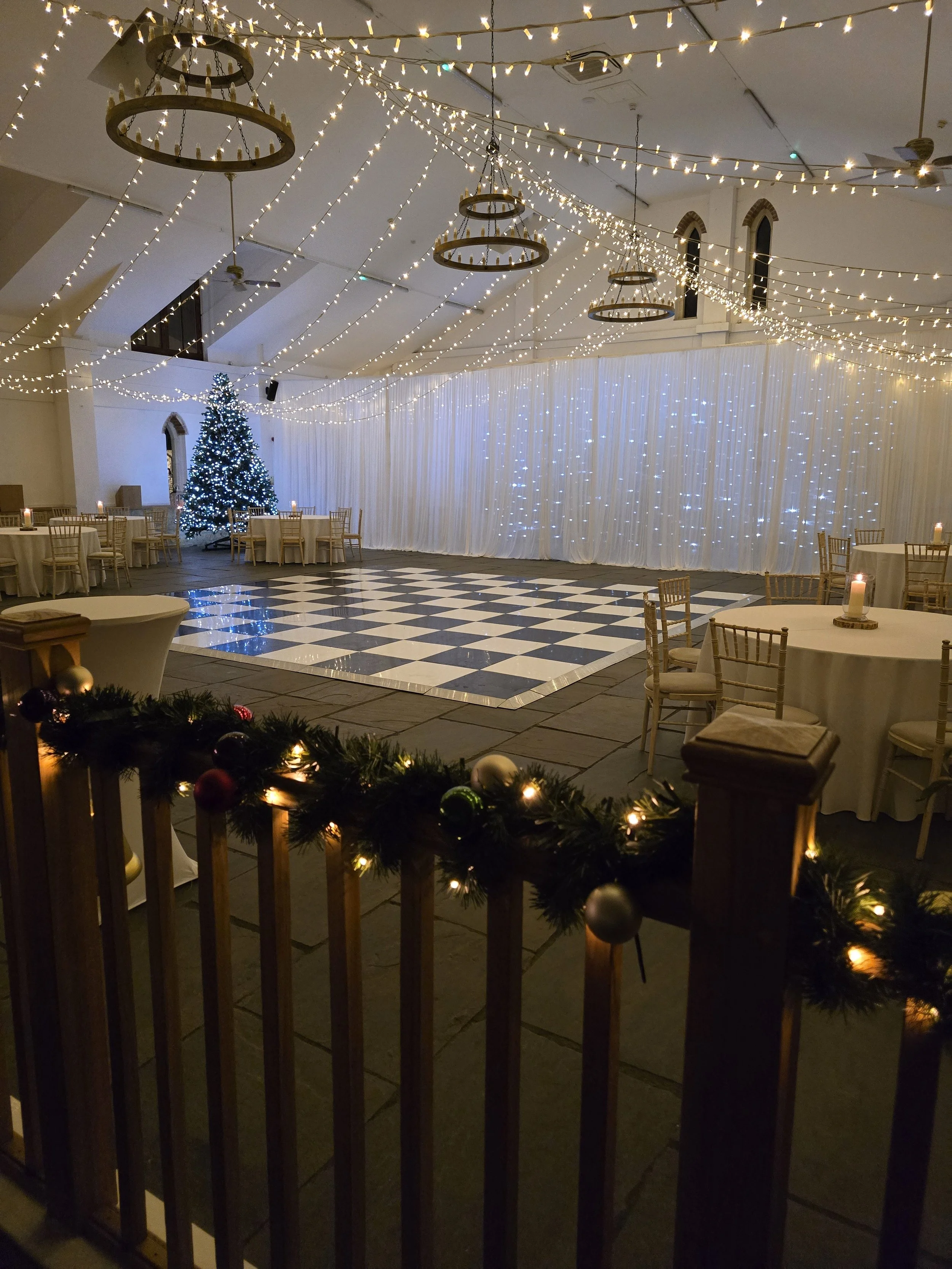 Festively decorated Main Hall at Worton Hall Christmas party, Oxfordshire.jpg