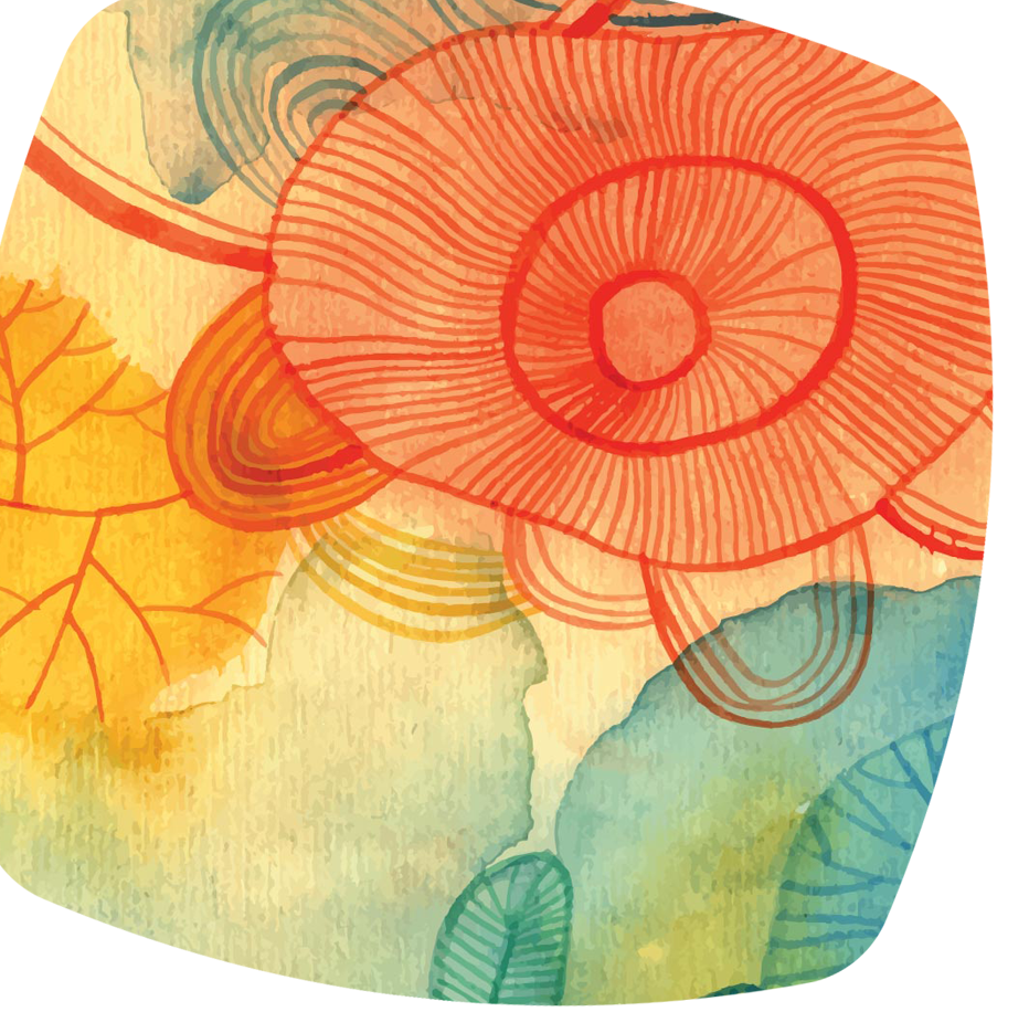 Abstraktes Wasserfarbenbild mit orangefarbenen, gelben, grünen und blauen Spiralen und Blattformen.