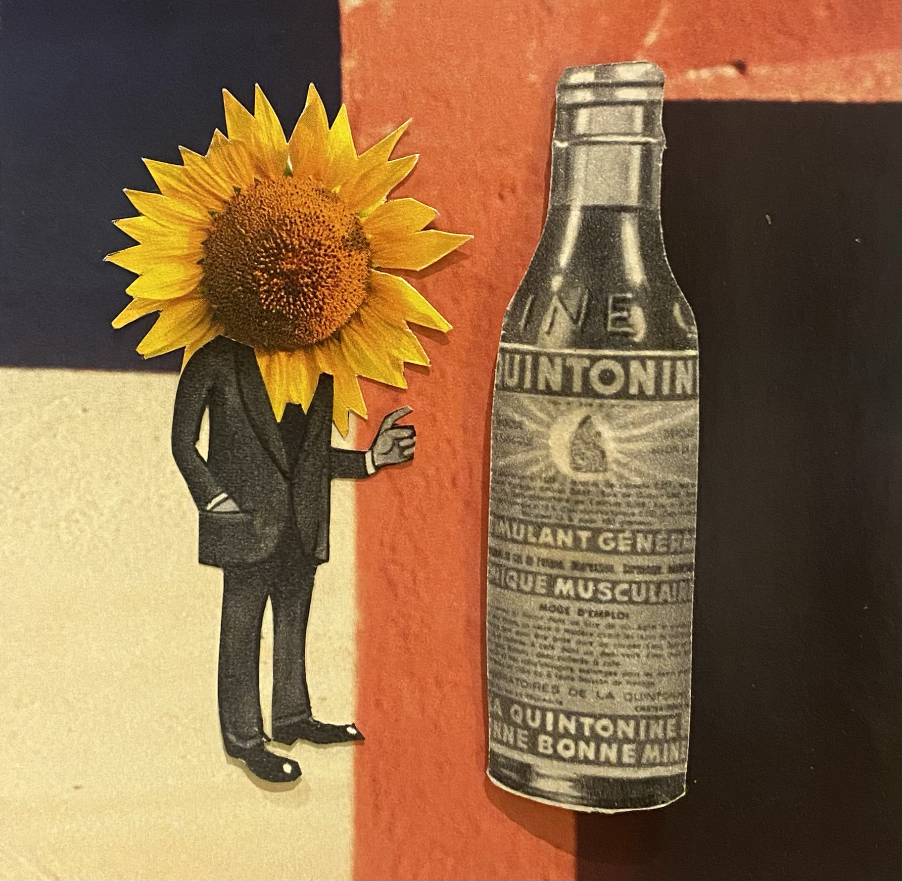 Une collage artistique représentant une personne à tête de tournesol, portant un costume noir avec une main en train de faire un geste, à côté d'une bouteille de quintonine sur fond coloré.  Collages contemporains surréalistes par Julia Chameroy 
