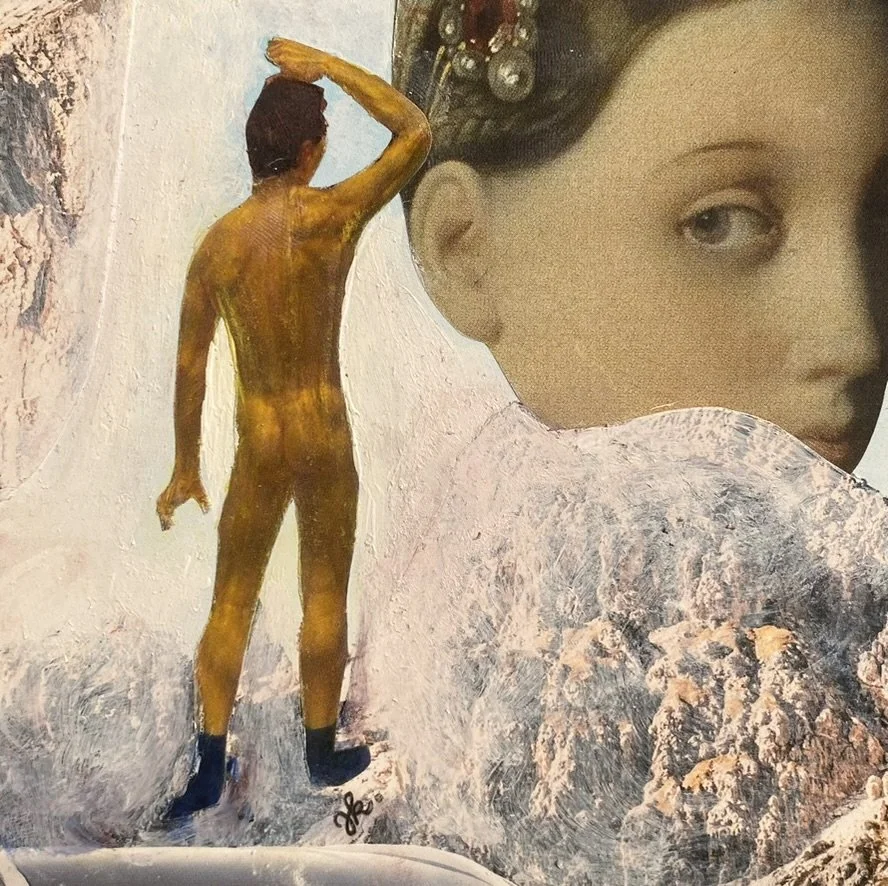 Collage d'une peinture représentant un homme nu et un visage de femme. Collages contemporains surréalistes par Julia Chameroy
