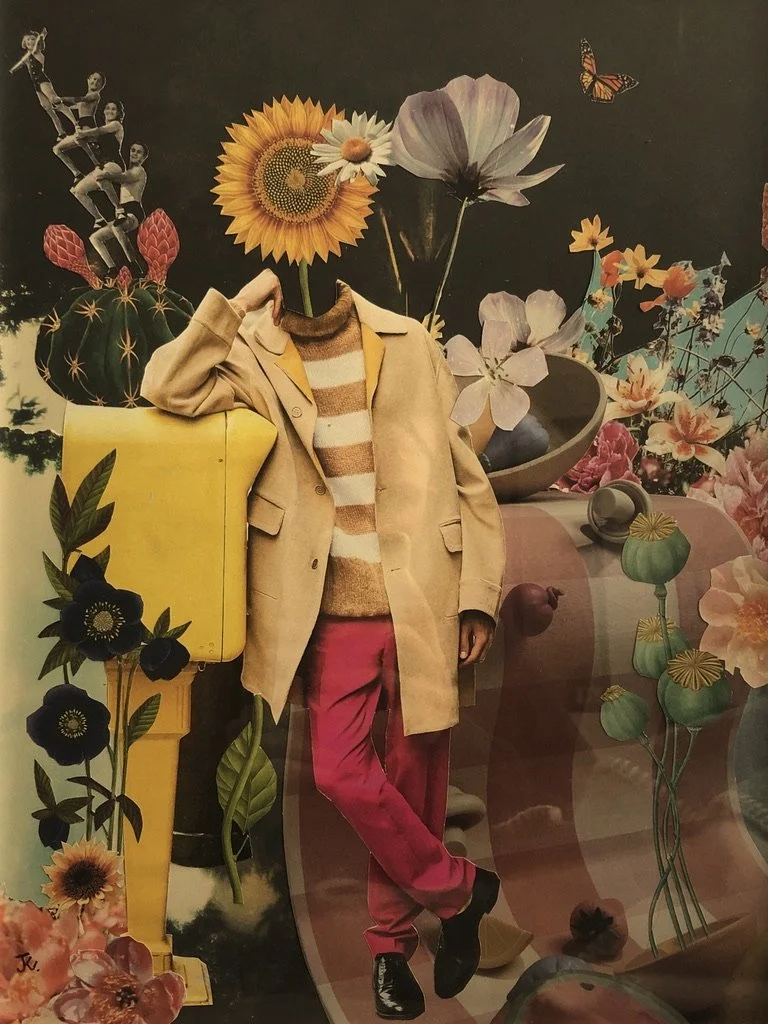 Une composition artistique mélant un mannequin avec une tête remplacée par un tournesol, entouré de fleurs colorées, d'un papillon, et d'éléments décoratifs floraux dans un décor surréaliste. Collages contemporains surréalistes par Julia Chameroy 