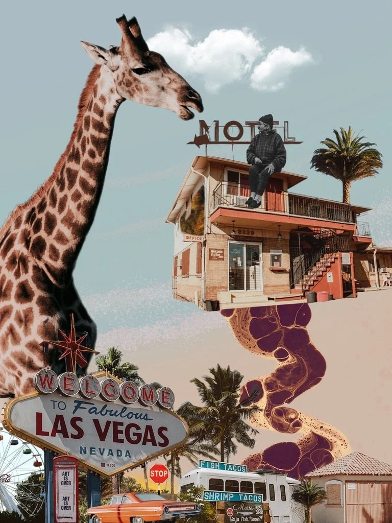 Image surréaliste combinant une girafe géante avec la célèbre enseigne de Las Vegas, une maison perchée avec un homme assis dessus, et des éléments comme un palmier. Collages contemporains surréalistes par Julia Chameroy